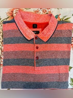 Hugo Boss Polo Shirt- Fits Like Sm- Slim Fit Orange and Gray Stripe Cotton Linen